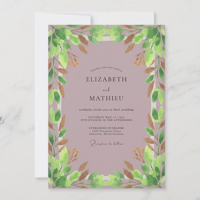 Invitación Boda de Eucalipto con Follaje de Cobre Malva (Anverso)