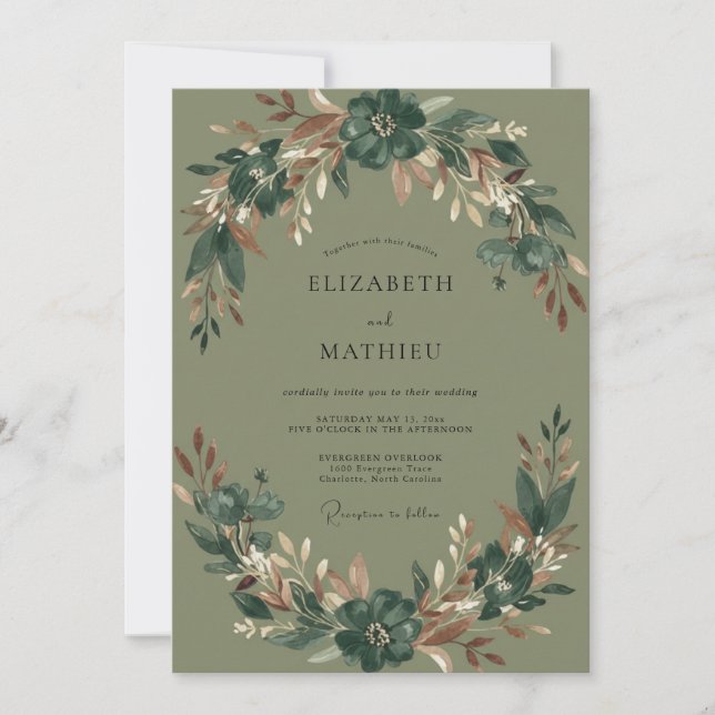 Invitación Boda de Eucalipto con Follaje de Cobre Oliva (Anverso)
