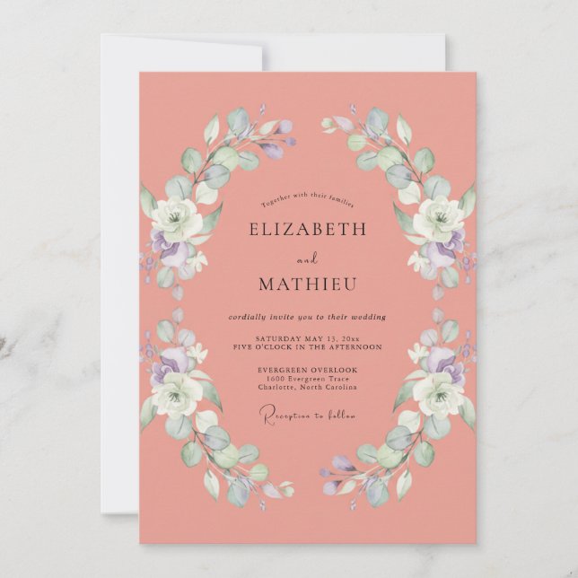 Invitación Boda de eucalipto con follaje de coral apagado (Anverso)