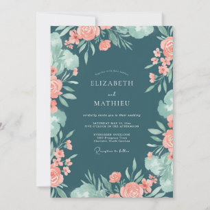 Invitación Boda de eucalipto con follaje de coral teal