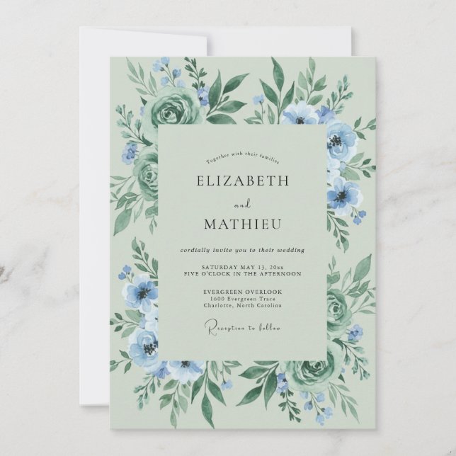 Invitación Boda de Eucalipto con Follaje de Flor de Centaurea (Anverso)