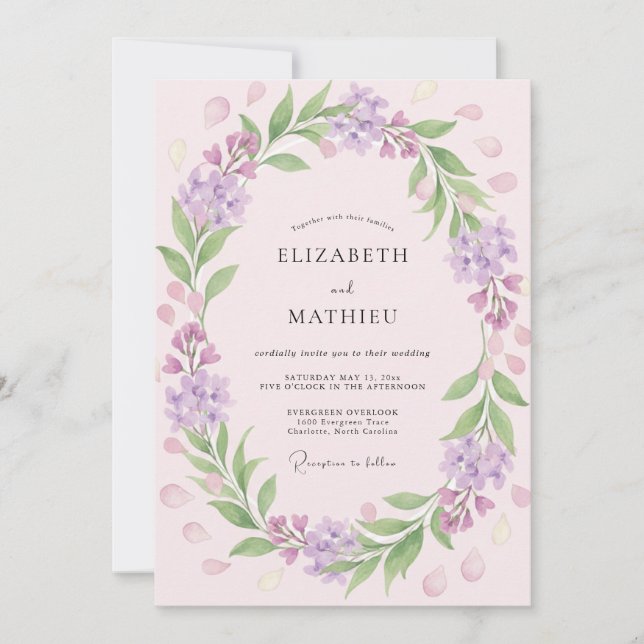 Invitación Boda de eucalipto con follaje de lavanda rubor (Anverso)
