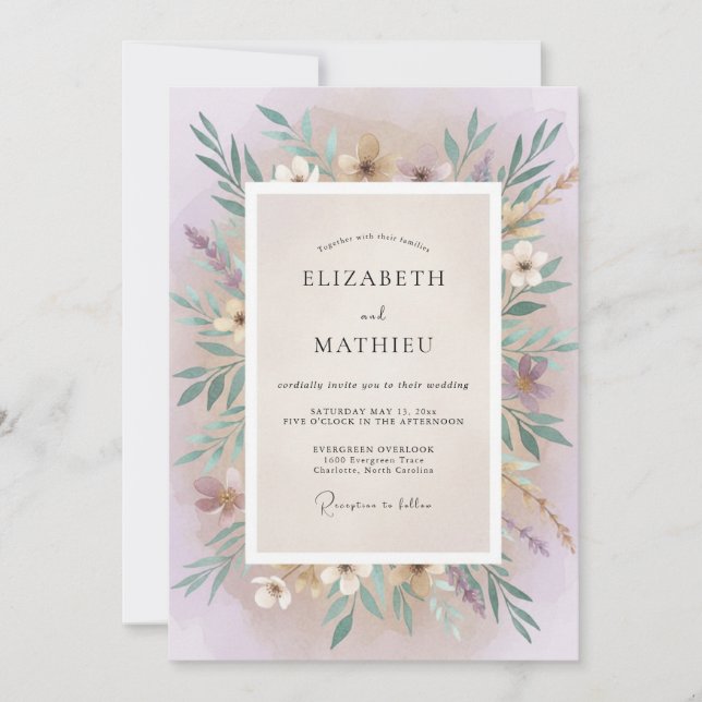 Invitación Boda de Eucalipto con Follaje de Lila Malva (Anverso)