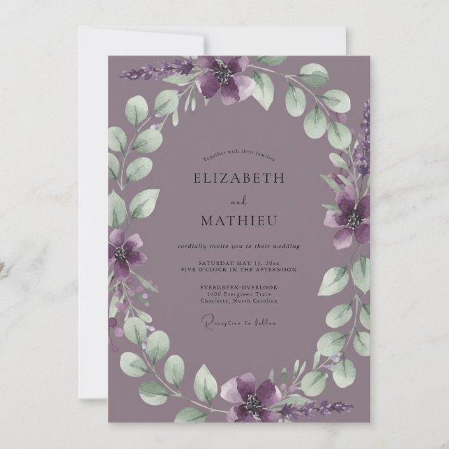 Invitación Boda de eucalipto con follaje de malva apagado (Anverso)