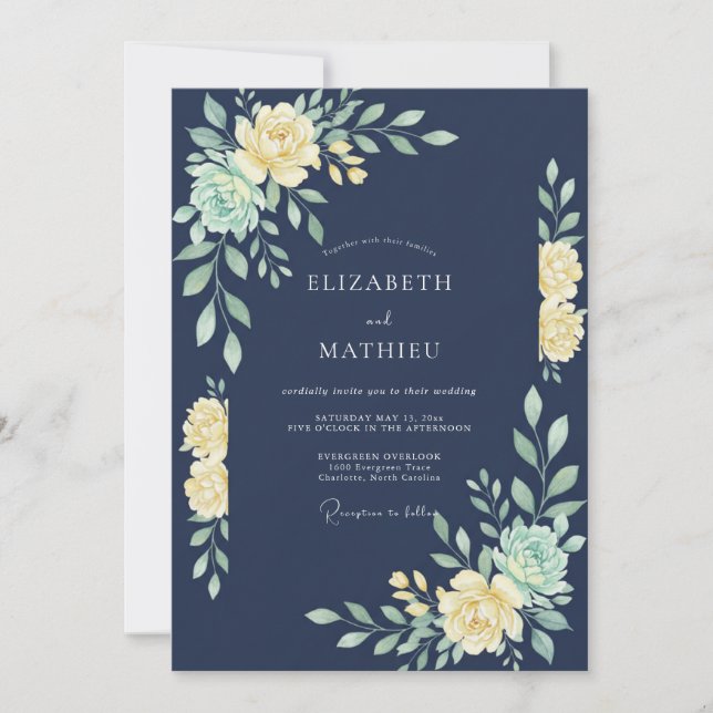 Invitación Boda de Eucalipto con Follaje de Mantequilla Índig (Anverso)