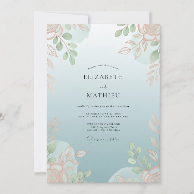 Invitación Boda de eucalipto con follaje de melocotón celeste (Anverso)