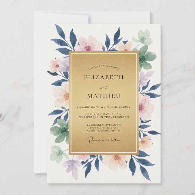 Invitación Boda de eucalipto con follaje de melocotón índigo (Anverso)