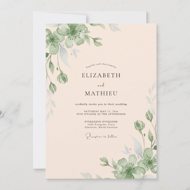 Invitación Boda de Eucalipto con Follaje de Melocotón Pálido (Anverso)