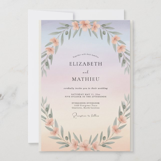 Invitación Boda de Eucalipto con Follaje de Melocotón Periwin (Anverso)