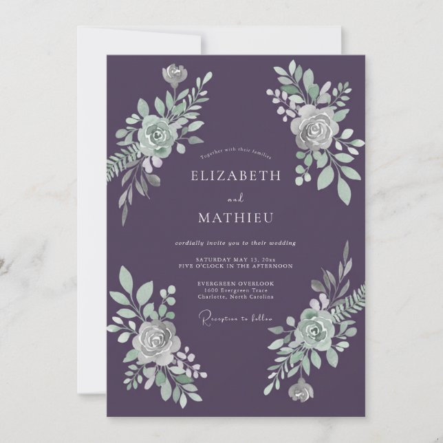 Invitación Boda de eucalipto con follaje de menta ciruela (Anverso)
