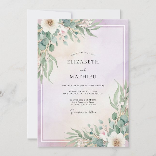 Invitación Boda de Eucalipto con Follaje de Menta Lila (Anverso)