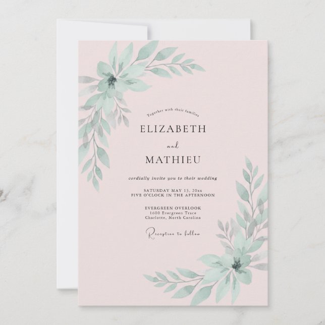 Invitación Boda de eucalipto con follaje de menta suave (Anverso)