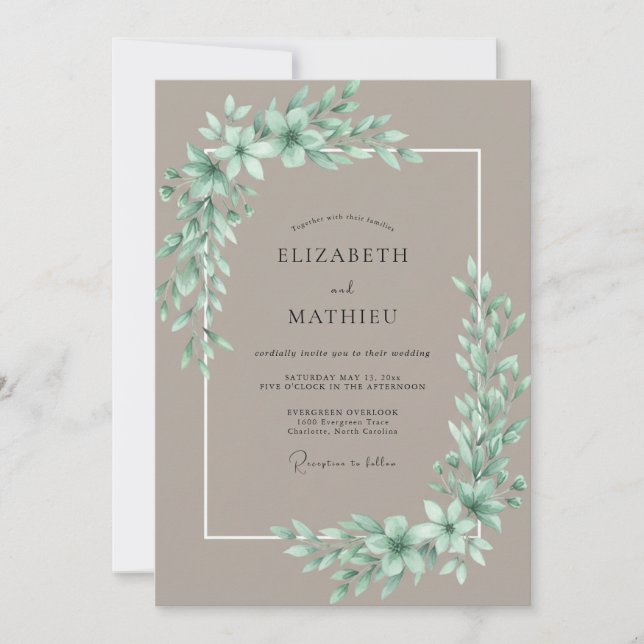 Invitación Boda de eucalipto con follaje de menta taupe (Anverso)