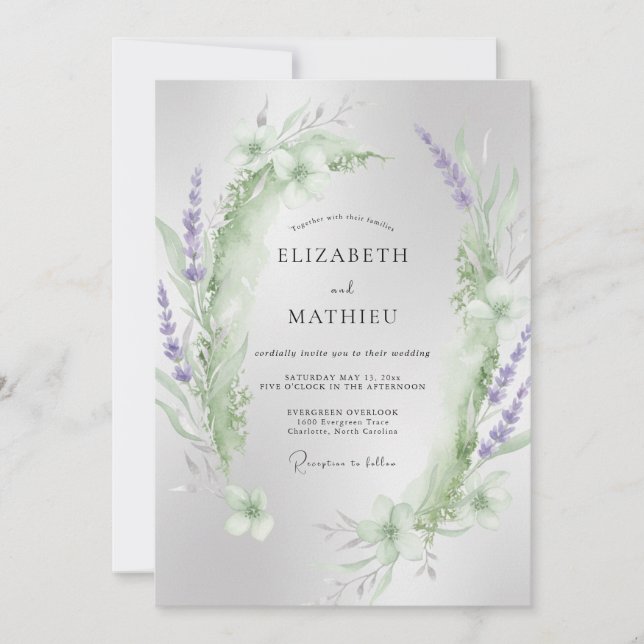 Invitación Boda de Eucalipto con Follaje de Menta Violeta (Anverso)