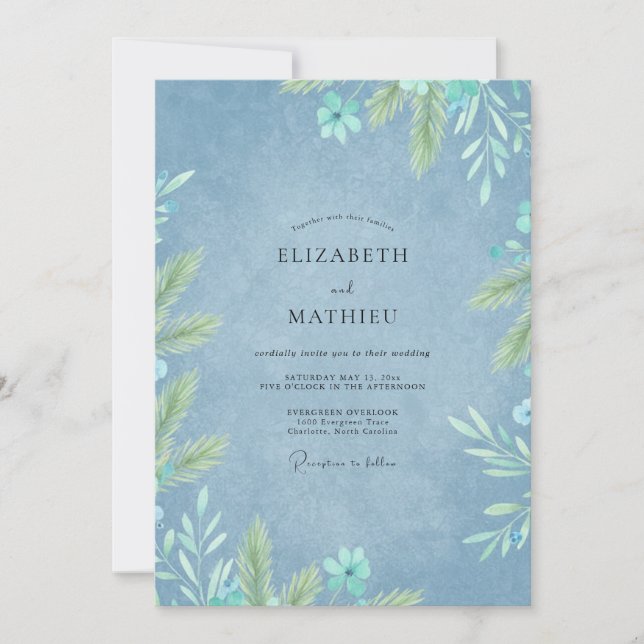 Invitación Boda de Eucalipto con Follaje de Menta y Aciano (Anverso)