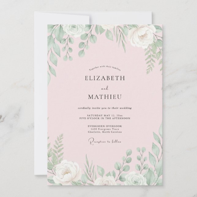 Invitación Boda de eucalipto con follaje de menta y rubor pál (Anverso)