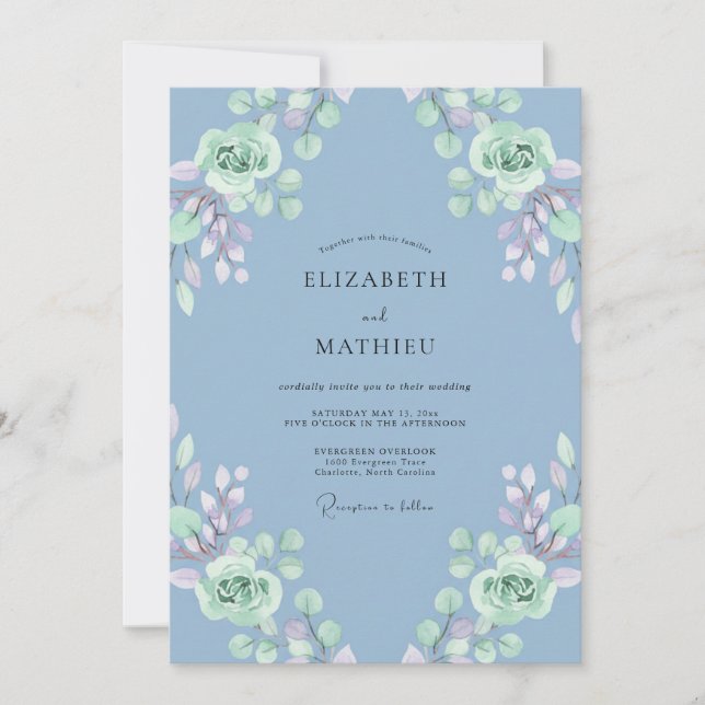 Invitación Boda de Eucalipto con Follaje de Menta y Vinca (Anverso)