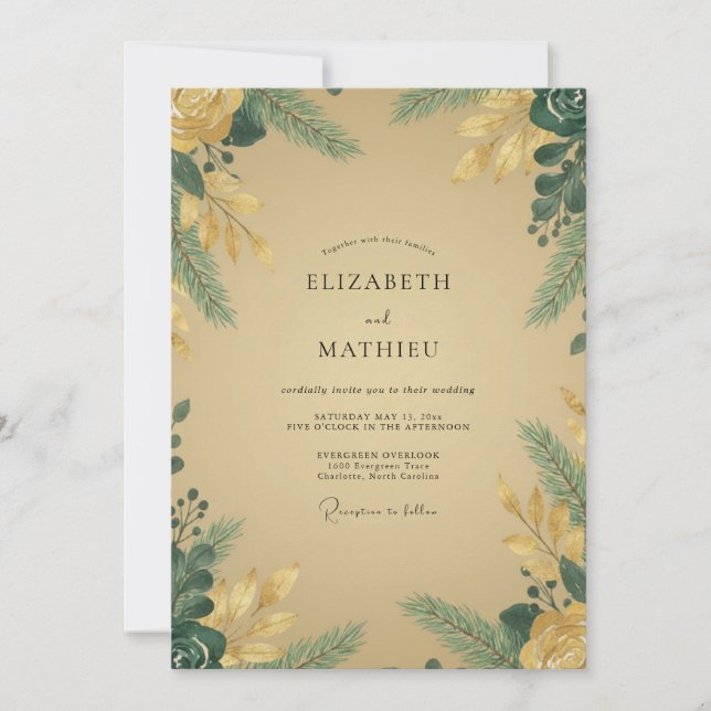 Invitación Boda de Eucalipto con Follaje de Mostaza Dorada (Anverso)