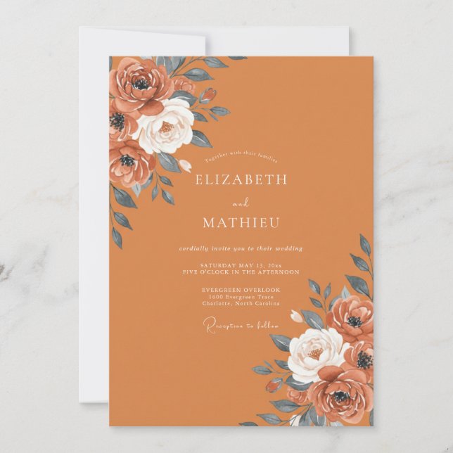 Invitación Boda de eucalipto con follaje de naranja quemada (Anverso)