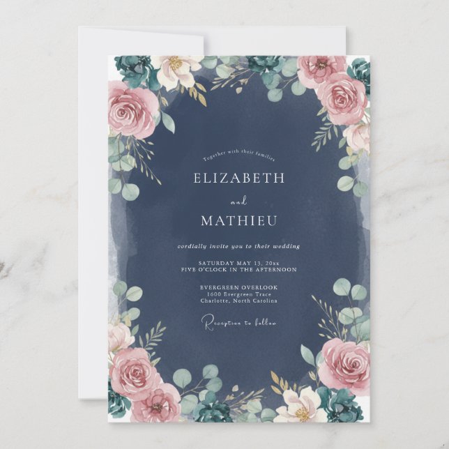 Invitación Boda de Eucalipto con Follaje de Navy Blush (Anverso)