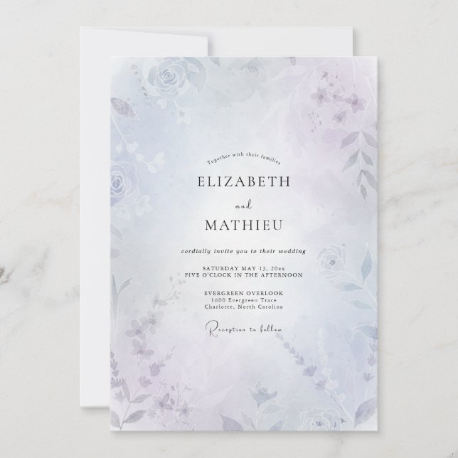 Invitación Boda de Eucalipto con Follaje de Niebla de Periwin (Anverso)