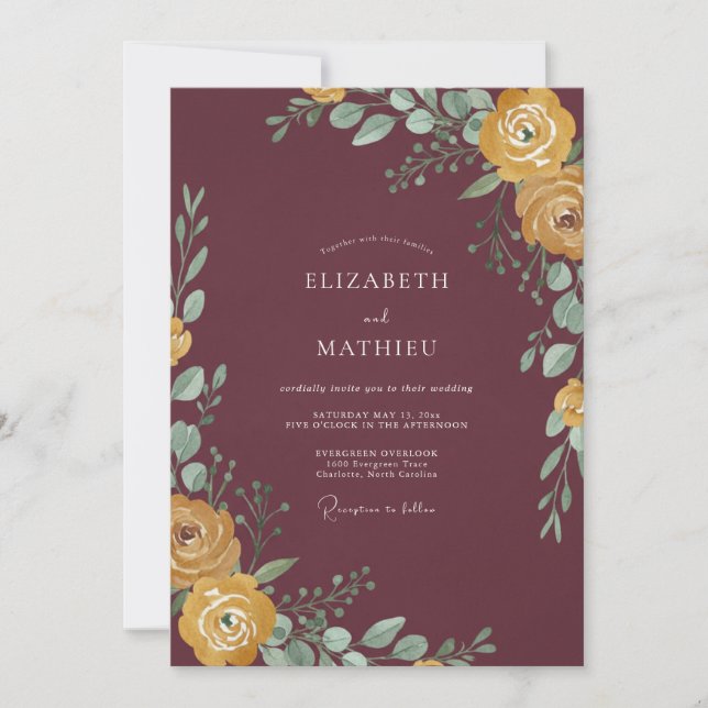 Invitación Boda de Eucalipto con Follaje de Ocra Borgoña (Anverso)