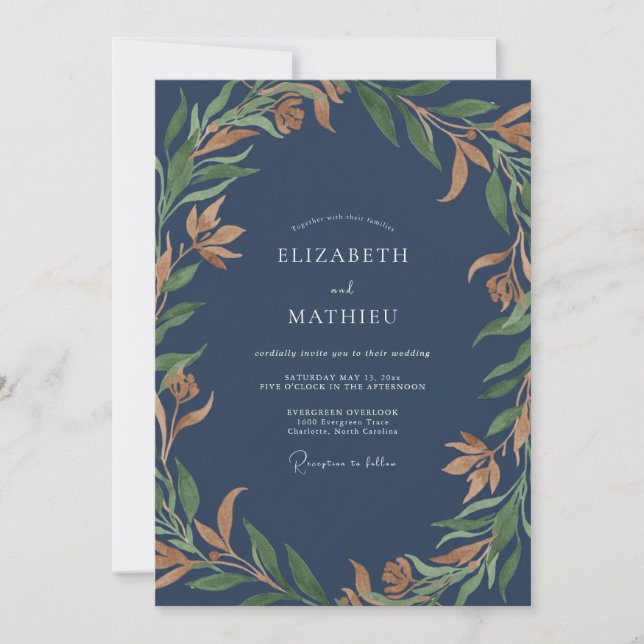 Invitación Boda de Eucalipto con Follaje de Ocra Pizarra (Anverso)