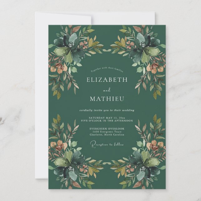 Invitación Boda de Eucalipto con Follaje de Ócre Esmeralda (Anverso)