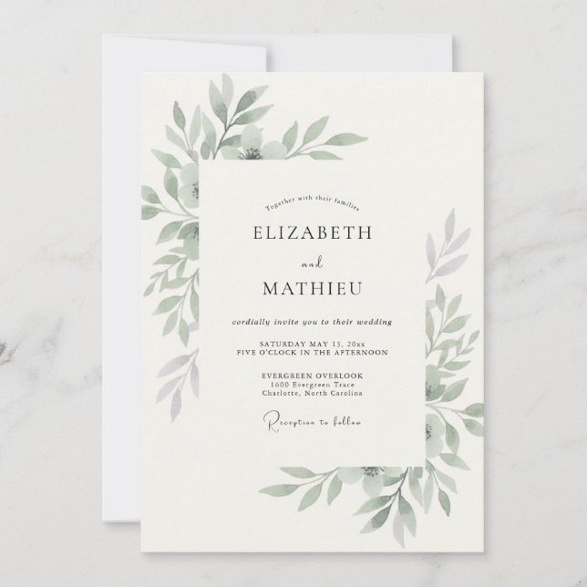 Invitación Boda de eucalipto con follaje de olivo (Anverso)