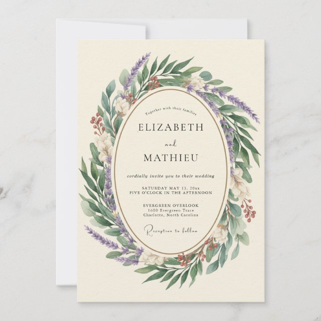 Invitación Boda de Eucalipto con Follaje de Olivo Lila (Anverso)