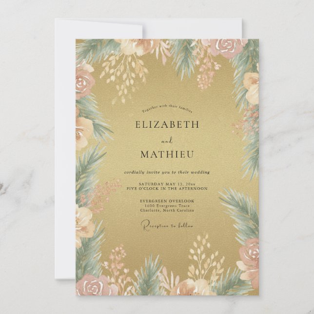 Invitación Boda de Eucalipto con Follaje de Oro Antiguo (Anverso)