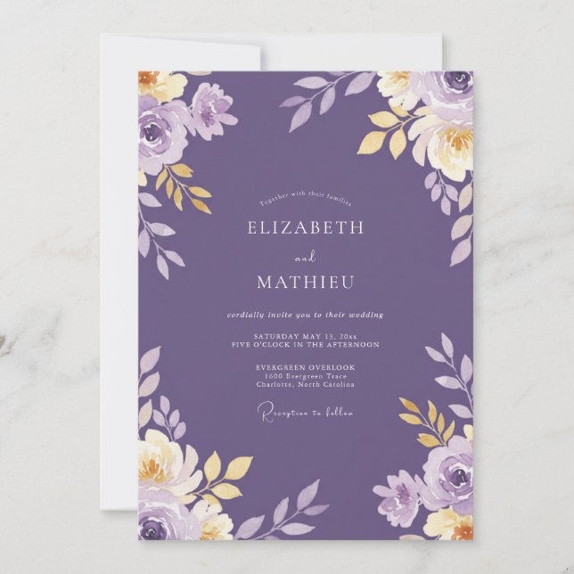 Invitación Boda de Eucalipto con Follaje de Oro Ciruela (Anverso)