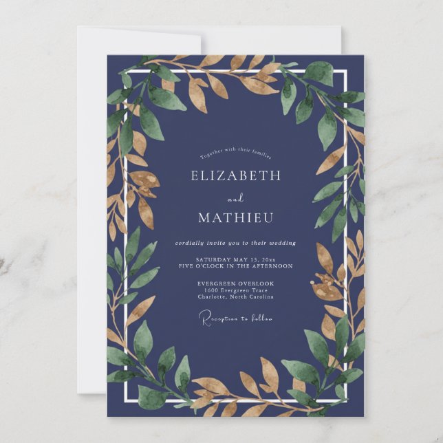 Invitación Boda de Eucalipto con Follaje de Oro Zafiro (Anverso)