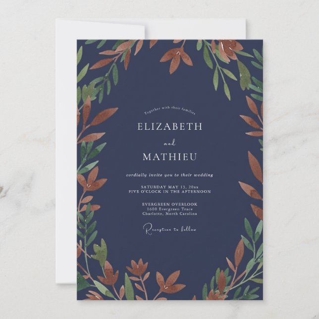 Invitación Boda de eucalipto con follaje de óxido de medianoc (Anverso)