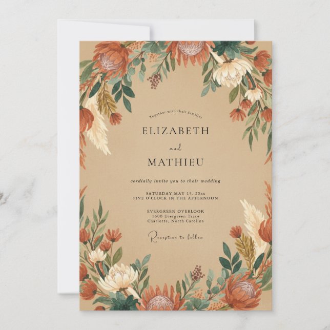 Invitación Boda de Eucalipto con Follaje de Óxido de Ocre (Anverso)