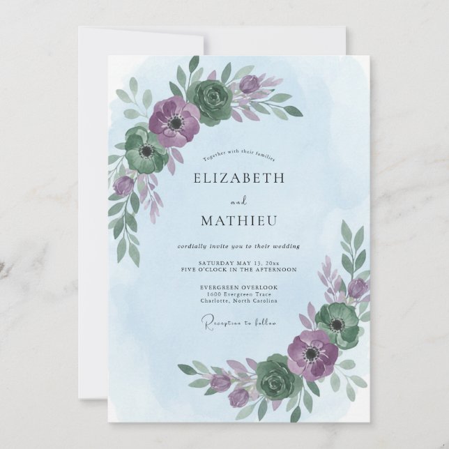 Invitación Boda de Eucalipto con Follaje de Periwinkle Ciruel (Anverso)
