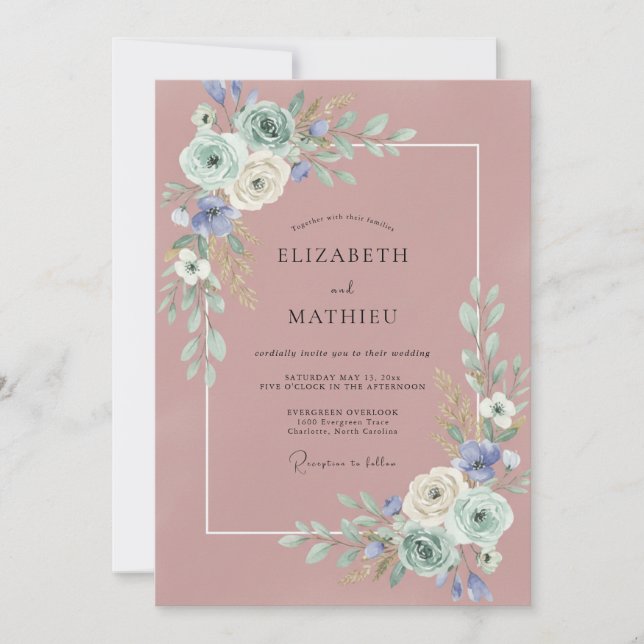 Invitación Boda de Eucalipto con Follaje de Periwinkle Mauve (Anverso)