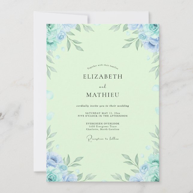 Invitación Boda de Eucalipto con Follaje de Periwinkle Menta (Anverso)