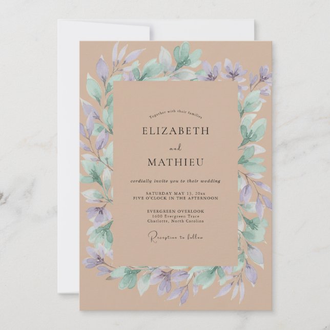 Invitación Boda de Eucalipto con Follaje de Periwinkle Taupe (Anverso)
