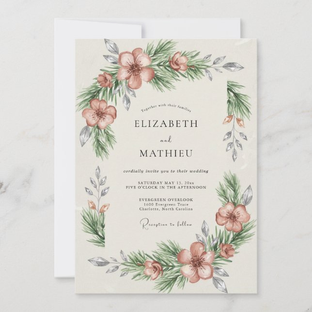 Invitación Boda de Eucalipto con Follaje de Pino Malva (Anverso)