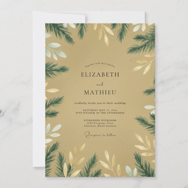 Invitación Boda de Eucalipto con Follaje de Pino Ócre (Anverso)