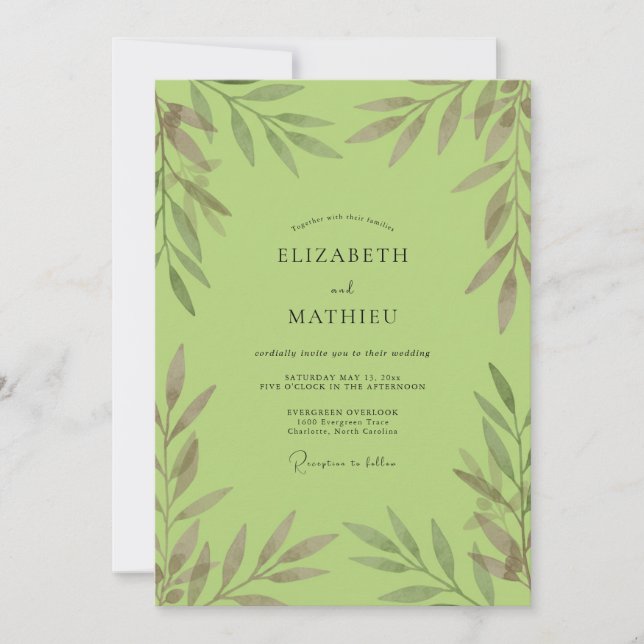 Invitación Boda de eucalipto con follaje de pistacho (Anverso)