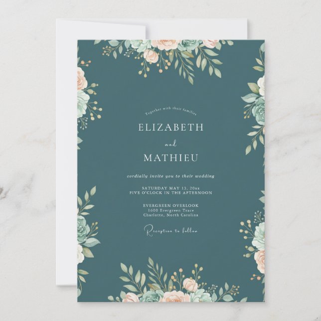 Invitación Boda de eucalipto con follaje de pizarra teal (Anverso)
