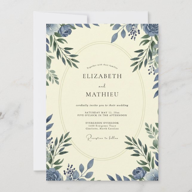 Invitación Boda de Eucalipto con Follaje de Pizarra y Centaur (Anverso)