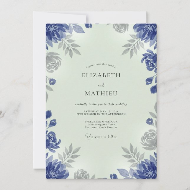 Invitación Boda de Eucalipto con Follaje de Plata Índigo (Anverso)