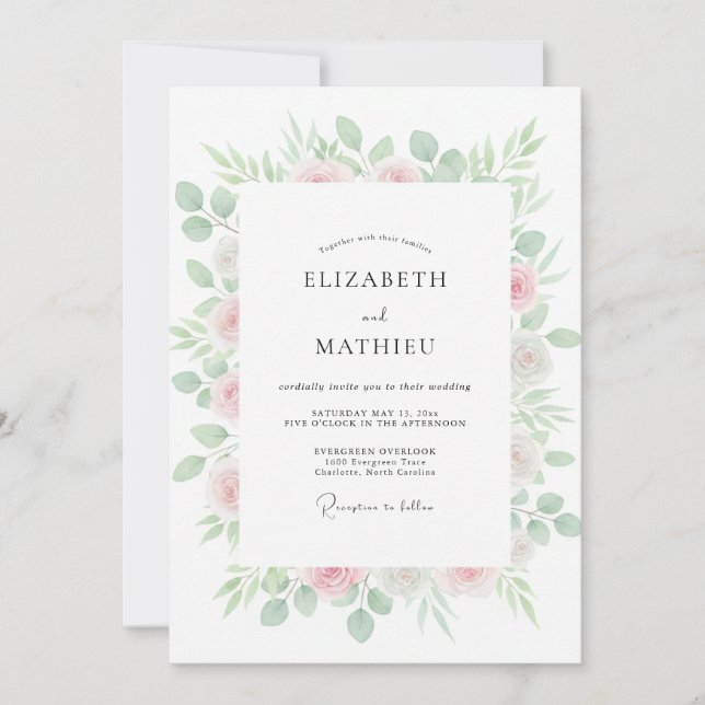 Invitación Boda de eucalipto con follaje de rosa pálido (Anverso)