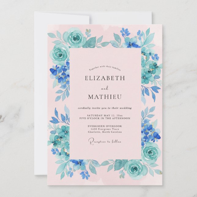 Invitación Boda de Eucalipto con Follaje de Rubor Cian (Anverso)