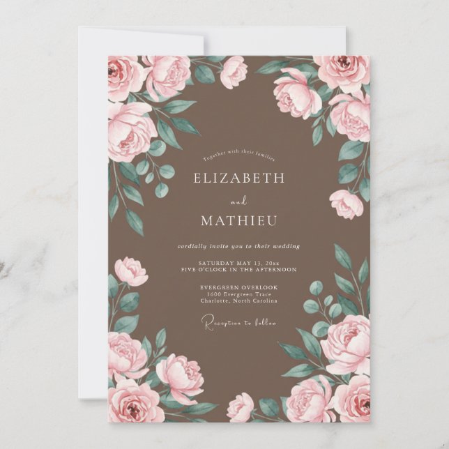 Invitación Boda de eucalipto con follaje de rubor taupe (Anverso)