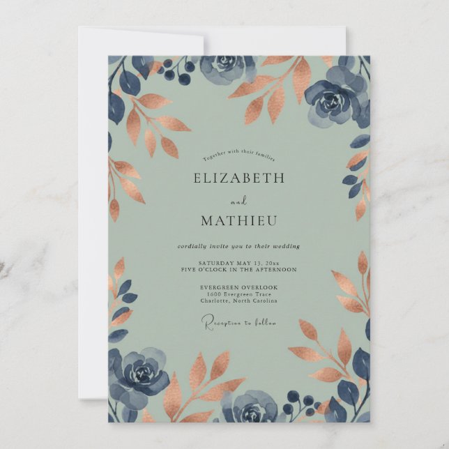 Invitación Boda de Eucalipto con Follaje de Té Verde Cobre (Anverso)