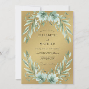 Invitación Boda de eucalipto con follaje dorado espuma de mar
